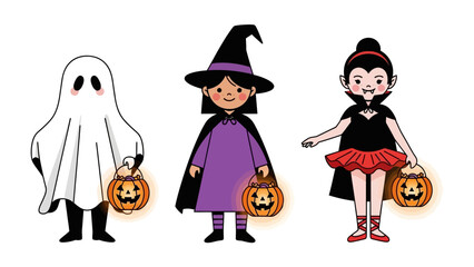 Spooky Halloween Trio: A collection of three charming Halloween characters, a ghostly apparition, a playful witch, and a dainty vampire, each holding a glowing Jack-o'-lantern.
