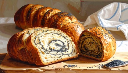 Partially sliced poppy seed bread on white cloth—golden crust, airy interior, and scattered seeds evoke warmth, texture, and culinary craft in minimalist artisanal baking composition.