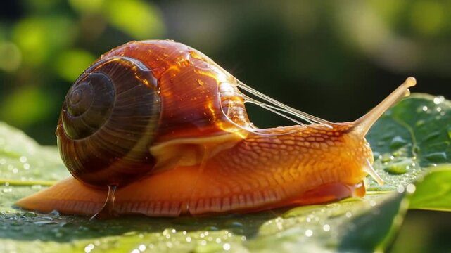 Close-up of a snail with a brown shell crawling on a green leaf, showcasing its slimy trail.