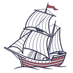 Illustration of a classic sailing ship with red accents, featuring billowing sails and a vintage design, evokes a sense of maritime history and adventure