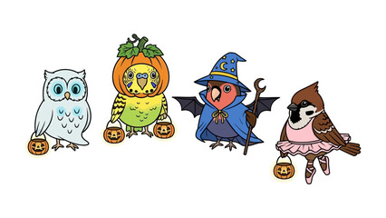 Halloween Birds: A collection of charming birds in creative costumes, each carrying a pumpkin bucket, evokes the spirit of Halloween. Adorable images for holiday decorations and crafts.
