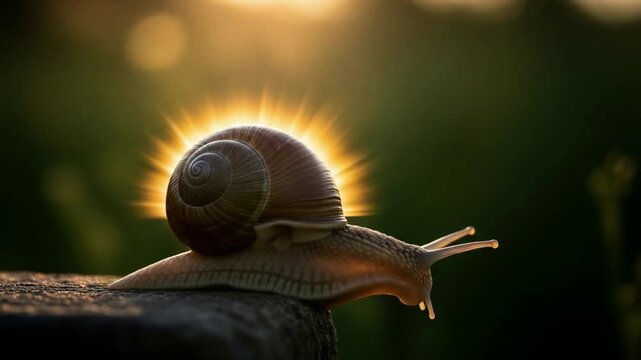 Close-up shot of a snail with a glowing shell, set against a blurred background.