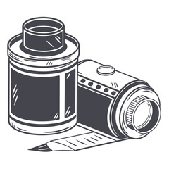 Illustration of two rolls of film, one standing upright and the other lying on its side, with a strip of film trailing out, perfect for photography concepts