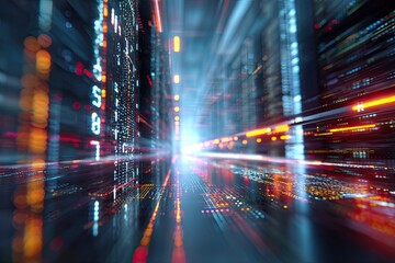 Abstract futuristic digital environment, data streams, and light trails merging into a bright void