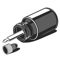 Illustration of a bottle of glue lying on its side with the lid off, the bottle is black and white and has a nozzle for dispensing the glue