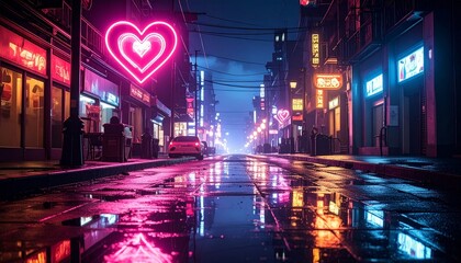 Neon-lit urban street at night with glowing pink heart signs—wet reflections, moody contrast, and cinematic ambiance evoke romance, solitude, and whimsy in minimalist nocturnal city composition.