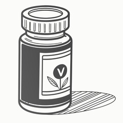 Vector art of monochrome illustration of a vegan vitamin bottle with a vlabel, , perfect for health, wellness, supplements, and plantbased nutrition concepts