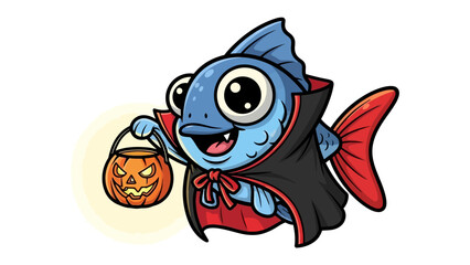Halloween Fish Cartoon: A playful cartoon illustration featuring a blue fish dressed in a vampire costume, carrying a jack-o'-lantern, perfect for festive designs.