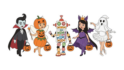 Halloween Costume Characters: Vibrant, cartoonish illustrations capture the essence of Halloween with diverse, costumed characters ready for trick-or-treating, full of playful spooky joy.