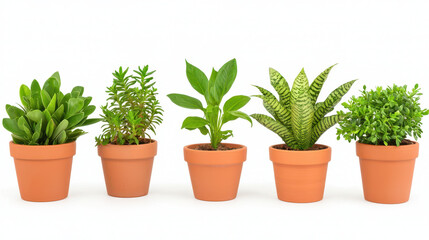 Obraz premium Collection of five potted plants in terracotta pots, showcasing various types of greenery, perfect for home decor and indoor gardening