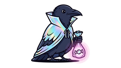 Mystic Raven with Candy: A whimsical cartoon of a mysterious raven, adorned in a shimmering cloak and carrying a candy bag, invites you into a world of fantasy and delight.