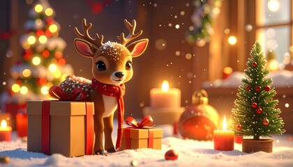 Fototapeta premium Cute 3D Realistic Christmas Reindeer with Gifts in a Snowy Decorated Room, Cozy Holiday Scene