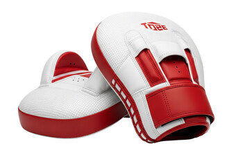 Pair of red and white boxing focus mitts for martial arts training and boxing workouts