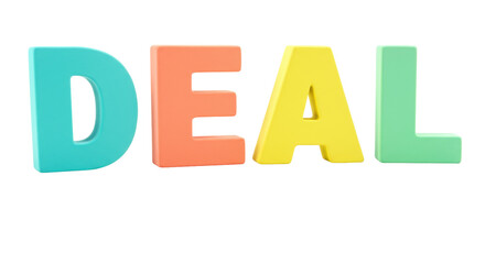 Colorful DEAL letters isolated on transparent background, vibrant 3D render for marketing promotions and advertising campaigns