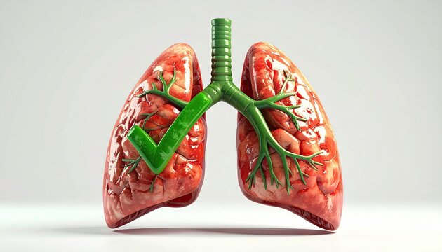 3D model of lungs with a green checkmark, implying health