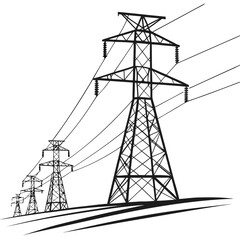 Vector art of highvoltage power lines, crucial infrastructure for transmitting electrical energy, ensuring reliable electricity distribution to homes and businesses