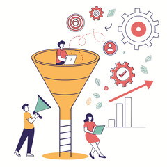 Vector art of a sales funnel illustration showing a team working to convert leads into customers, a man speaks into a megaphone, a woman works on a laptop, and a man works inside the funnel