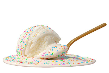 Vanilla Ice Cream Scoop Melting on Golden Spoon with Colorful Sprinkles Against Transparent Background