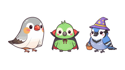 Halloween Birds: A collection of three delightful cartoon birds, each showcasing unique Halloween costumes.  A charming illustration suitable for spooky season.