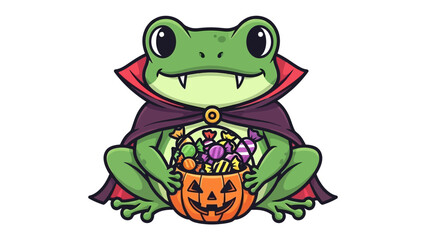 Frog with Candy Basket : A vibrant illustration of a cheerful frog dressed in a Halloween costume, holding a jack-o'-lantern basket filled with treats, spreading joy and holiday spirit.