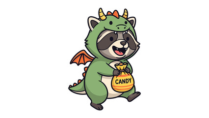Adorable Raccoon in Dragon Costume: An illustrated raccoon, joyfully dressed in a vibrant dragon costume, clutches a candy bag, embodying playful Halloween spirit.