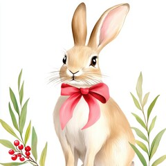 Fototapeta premium A charming illustration of a rabbit adorned with a pink bow, surrounded by green leaves and red berries, exuding a whimsical and festive vibe.