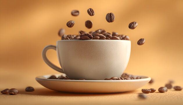 White coffee cup on saucer with scattered and falling coffee beans. Warm orange background promotes morning energy and motivation. Rustic, cozy scene with caffeine boost and morning ritual.