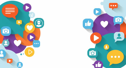 Collage of social media icon bubbles and shapes in various colors, isolated on white background