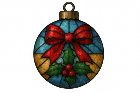 Stained glass christmas ornament with red bow and holly, festive holiday decoration on transparent background