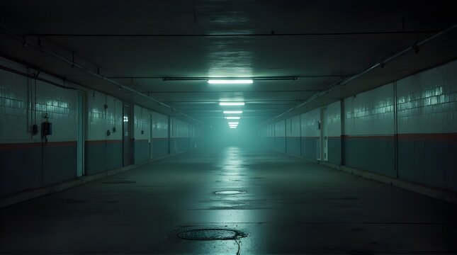 A long, dark, and empty underground corridor with fluorescent lights, creating a mysterious and eerie atmosphere. Suspense or horror background.