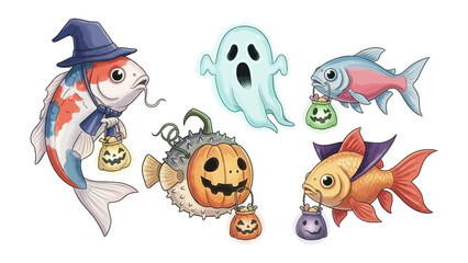Halloween Fish Extravaganza: A whimsical collection of fish adorned in Halloween costumes and decor, perfect for capturing the playful spirit of the season.