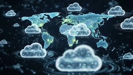 Conceptual digital illustration of a world map with cloud computing and data storage. - Powered by Adobe