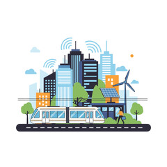 Obraz premium Illustration of a smart city with a modern train and renewable energy sources.