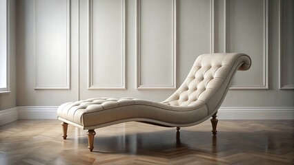 Elegant tufted chaise lounge with wooden legs and ornate wall paneling in a bright, minimalist room.
