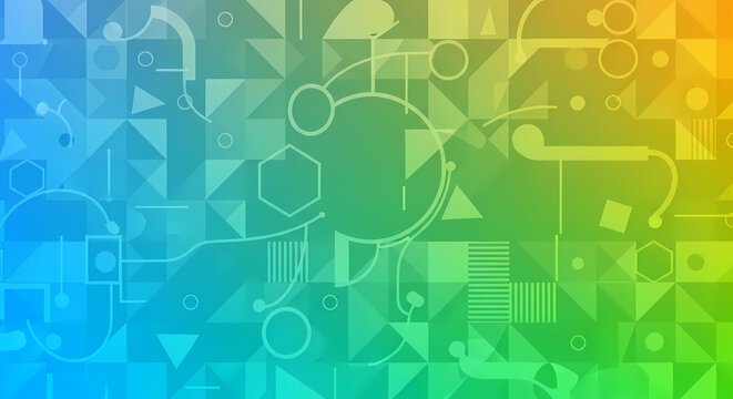 Colorful abstract background with geometric patterns and digital circuit elements, blending blue, green, and yellow hues