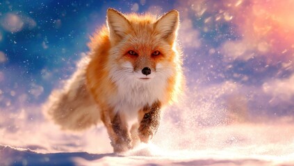 Obraz premium A Majestic Red Fox Runs Through a Snowy Winter Landscape at Sunset.