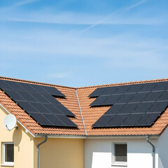 Fototapeta premium A residential roof with red tiles featuring multiple arrays of black solar panels, indicating renewable energy use, under a bright blue sky with subtle contrails