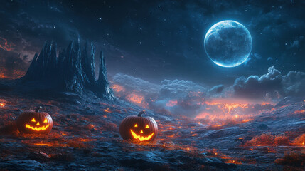 Mystical night scene with glowing pumpkins and bright moon