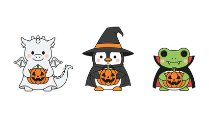 Spooky Friends Gathering for Halloween: A whimsical illustration showcasing three adorable Halloween characters. A cute dragon, a charming penguin, and a friendly frog.