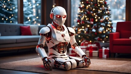 A highly advanced, friendly robot with optical sensor eyes in a sleek white-red suit, crafted from white carbon fiber and accented with soft, glowing red LED trim under a Christmas tree. 