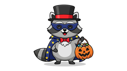 Halloween raccoon: A charming raccoon dressed in a superhero costume, holding a pumpkin bag overflowing with sweets. Perfect for illustrating themes of spooky festive and joyful celebrations.