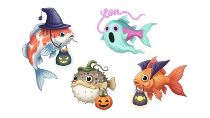 Spooky Underwater Carnival: A whimsical tableau of fantastical fish, adorned in festive Halloween costumes, creating a playful and enchanting spectacle under the sea.