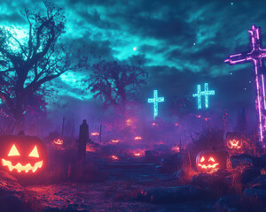 Fototapeta premium Futuristic cemetery with glowing crosses and holographic pumpkins at night
