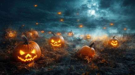 Naklejka premium Glowing pumpkins in haunted field under moonlight create eerie atmosphere
