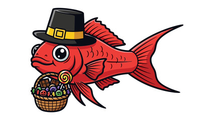 Thanksgiving Fish with Treats: A festive illustration of a red fish, sporting a pilgrim hat and carrying a basket overflowing with treats, embodying holiday cheer.