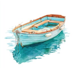 Light teal rowboat on water,  watercolor style