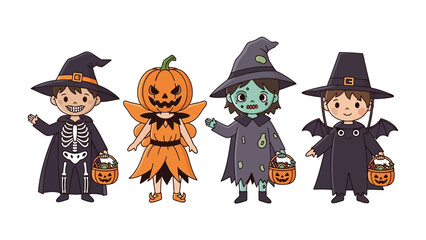 Halloween Characters in Costume: A delightful ensemble of playful cartoon figures, each donned in distinctive Halloween costumes.