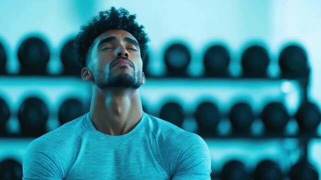 Focused Young Man Training in a Bright Gym Environment with Weights in the Background 4k video footage