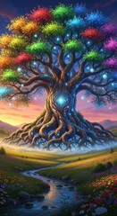 Vibrant Fantasy Tree of Life with Glowing Orbs and Roots by a Serene Stream at Sunset.