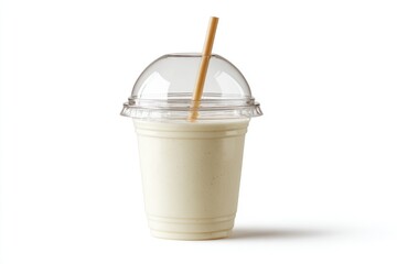 A refreshing vanilla milkshake in a clear plastic cup with a straw.